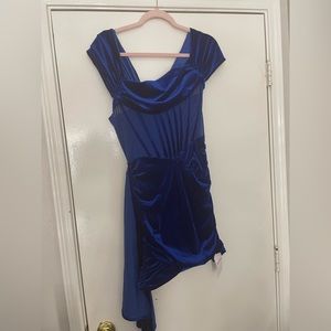 It’s a short blue prom dress with a train is 23 inches long is a large